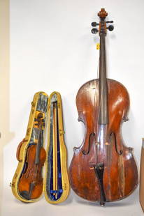 Antique German Bruner Cello and Violin with Bow: Includes: Cello is marked Germany, L. Bruner(?) Geigenmacher Schwarzwald. Other label reads Robert E. Weber, violin maker and expert repair, repaired April, 1925 Milwaukee, WI; in as found condition