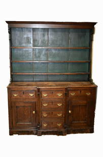 English Welsh Cupboard Plate Rack: Antique English Welsh Open Cupboard. Missing some bales. Original finish. Provenance: Bethlehem, PA estate. Size: 60.5"w x 78"h x 19"d.