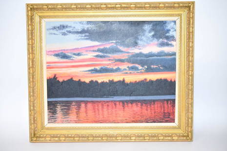 Ruth Owen Pook Painting of Sunset Oil on Canvas: Ruth Owen Pook Painting of Sunset Oil on Canvas. SLR Viewable measures approx. 25"w x 21"h.