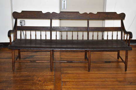 Pennsylvania Windsor Settle Bench: Antique settle bench. Missing a small side spindle. Original finish from a living estate, Emmaus, PA Size: 74.5"l x 33.5"h x 26.5"d