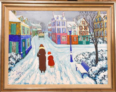 Michel Le Savarin E.F. Oil on Canvas Snowscape: Signed Savarin E.F. Town snowscape with people. From a local Bethlehem estate. Size: 47"w x 37"h.