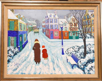 Michel Le Savarin E.F. Oil on Canvas Snowscape: Signed Savarin E.F. Town snowscape with people. From a local Bethlehem estate. Size: 47"w x 37"h.