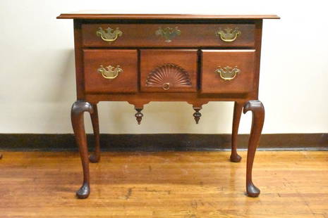 Queen Anne Mahogany Lowboy Henry Ford Museum: Queen Anne solid mahogany lowboy with shell carved drawer and finial apron. Signed, The Henry Ford Museum, Dearborn Michigan Size: 34"w x 31.25"h x 21"d