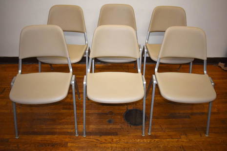 Set of (6) Knoll Office Chairs: Stackable, with molded seat and back; beige and aluminum. Signed Art Metal Inc. & Knoll Associates, NY. Provenance: Private collection Size: 20"w x 32.5"h x 19.5"d