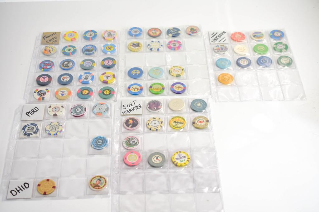 Vintage Casino Chips, AZ, Australia, Fantasy, etc: Collection of 103 assorted casino chips from Aruba, Arizona, Australia, St, Maarten, and Peru including Capitol city, crazy legs, the dunes, JFK, silver slipper, derby gran, camel, commerce , Kings, L