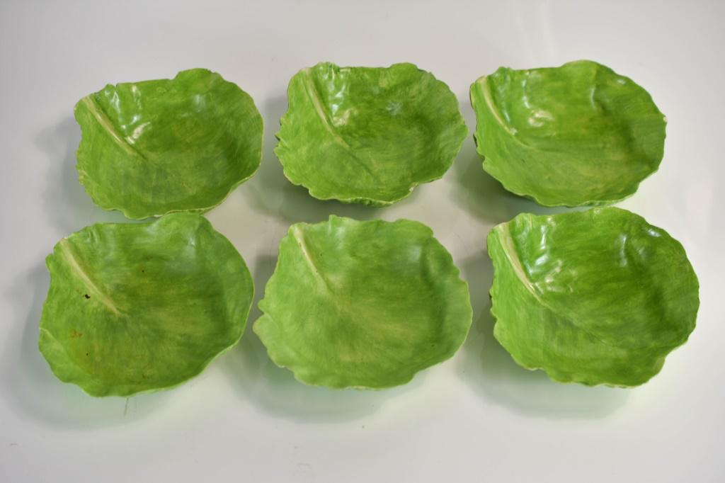 Mary Kirk Kelly Cabbage / Lettuce Form Bowls: Includes a set of (6) Mary Kirk Kelly porcelain lettuce form bowls. Minor minor flaking