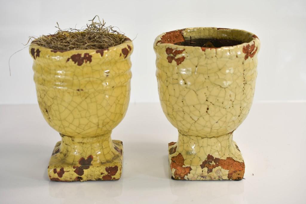 Pair of Italian Redware Faience Urns: Includes a pair of late 19th c. Italian redware faience urns with a ceramic glaze on the outside. Crazing and loss to glaze commensurate with age, approx. 7.5"h Provenance: From a Philadelphia estate.