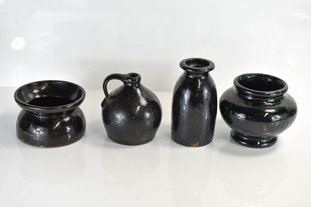 Antique Redware / Stoneware Vessel Grouping: Includes (4) redware / stoneware vessels including (1) ovoid jug, (1) spitoon, (1) pot, and (1) container. Glaze on pot appears to be a mixture of black and very dark green. All appear to be in good c