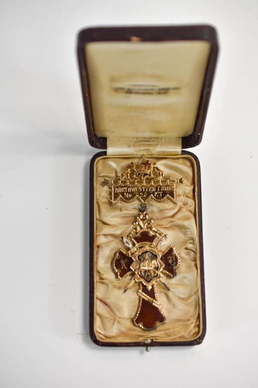 Sterling Silver Masonic Medal (Gilt): Includes a Northwestern Comdy #25 K.T. sterling silver masonic medal. This sterling silver medal with a gilt wash was presented to James Andrews P.E.C. by Northwestern Comdy #25 K.T. Meadville, PA 191