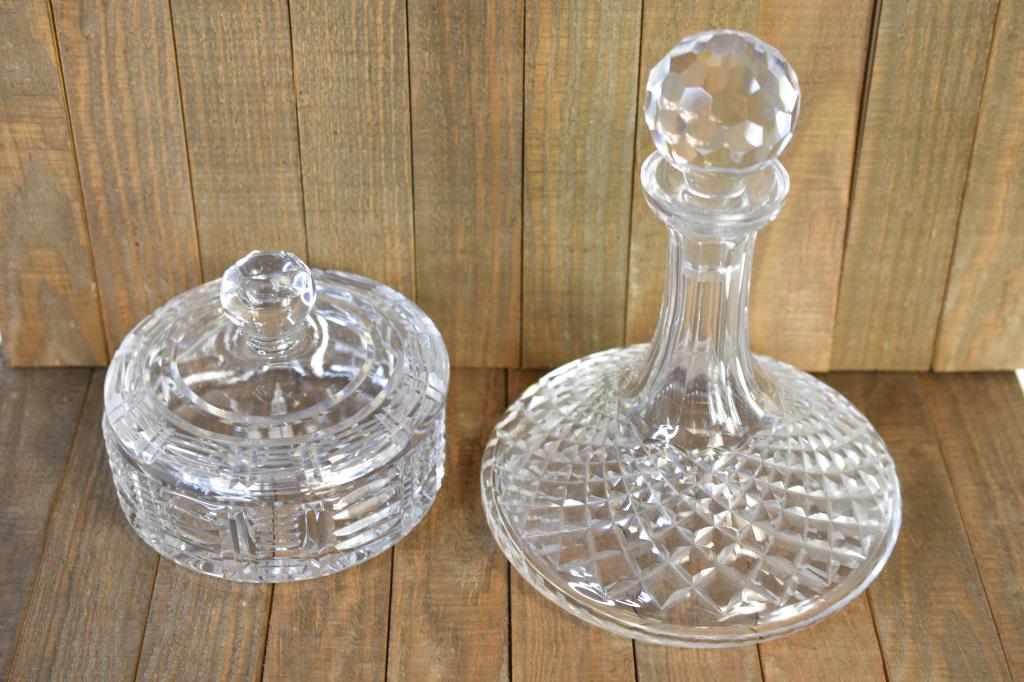 Crystal Ships Decanter, Waterford Bowl Lot of 2: Includes (2) Waterford 6 " covered candy dish, Ships decanter is 9 3/4" in height.