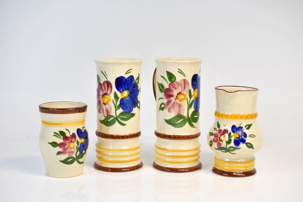 Goebel W Germany Tankard Floral Collection of 4: Includes (4). Vintage GOEBEL W. Germany 1967 TEGERNSEE Well 9 Floral TANKARD OR TALL MUG, some crazing. Vintage Goebel West Germany 1967 TEGERNSEE Well 9 floral TANKARD OR TALL MUG 7" Tmk 5. Creamer o