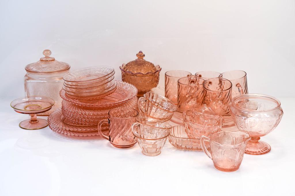 Large Assortment Pink Depression Glass Lot of 37: Includes (37) Biscuit jar, Fenton covered candy dish and more.