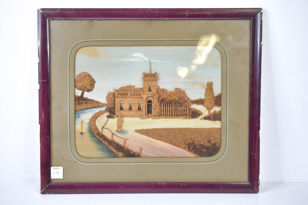 Cork Carving of Castle Overlooking River: Size: 18 1/2" x 15 1/2". some chipping to frame.