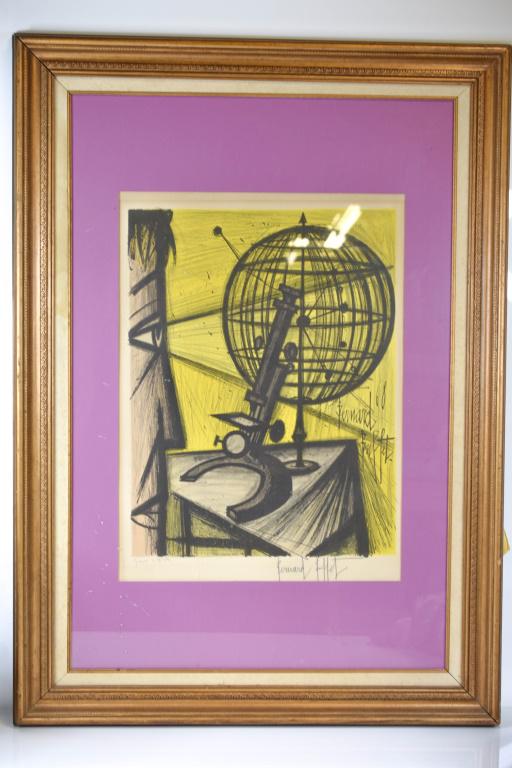 Bernard Buffet Le Savant au Microscope (1928-1999): Lithograph in colors on Arches paper. Bernard Buffet (1928-1999. Signed ‘Bernard Buffet’ in pencil and to the left written in French (untranslated) is also signed in pencil. This may be artist pro