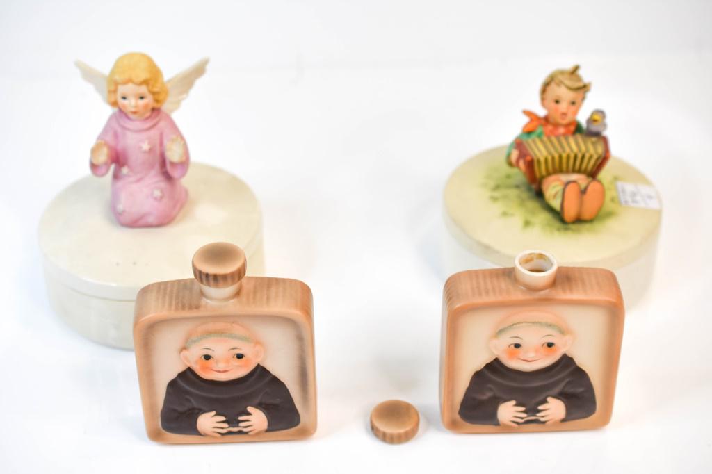Goebel Friar Tuck Decanter, Figurine Covered Dish: Includes (4) 2 Goebel Friar Tuck Tmk3 Flask Bottle Decanter 4 5/8" Stylized Bee, 2 Goebel Hummel angel and boy figurines on covered jar.