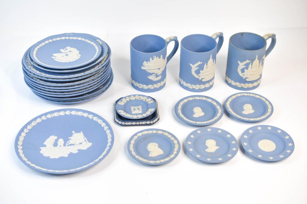 Wedgewood Blue Jasperware Lot of 23: Includes (23) plates, saucers, Christmas 1972 and 1973 mugs.