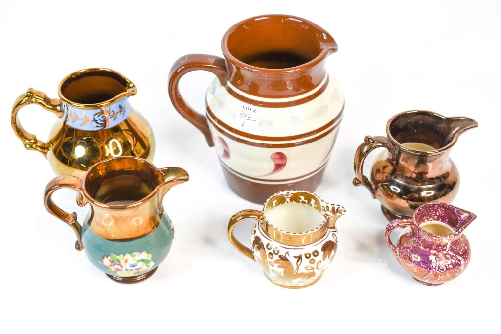 England Lusterware Pitchers Lot of 6: Includes (6) Wedgewood, Gibsons, Grey lusterware pitchers.