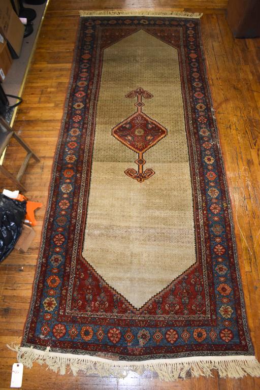 Antique Persian Serab Boteh Abrashed Runner: Persian Serab Boteh runner with central medallion and an open repeating pattern field. Shows some minor spots of wear, and repairs. The fringe has been replaced over the ends. Most of the ends are int