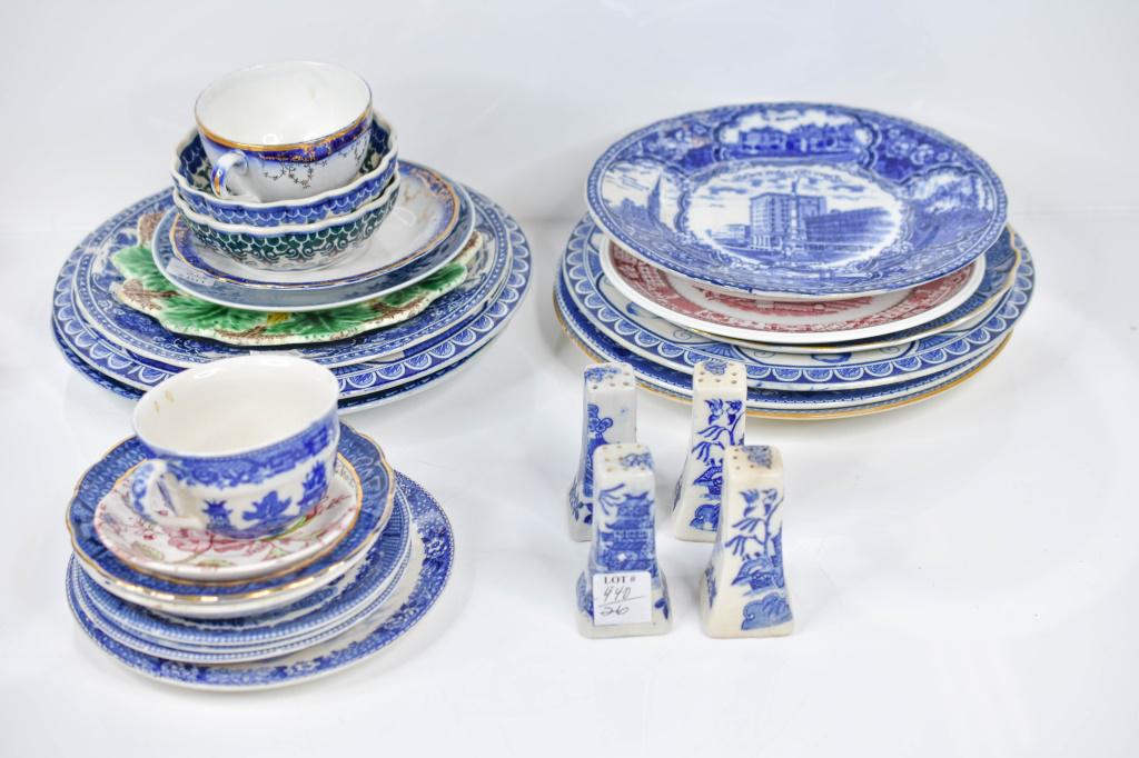 Blue Willow, Staffordshire, Majolica Lot of 28: Includes (28) Holland and England, plates, cups, saucers, and salt & pepper shakers. View of Allentown, Pa, and of Bethlehem, Pa, 6 pieces made in Japan, George Jensen Denmark small plate, Majolica pl