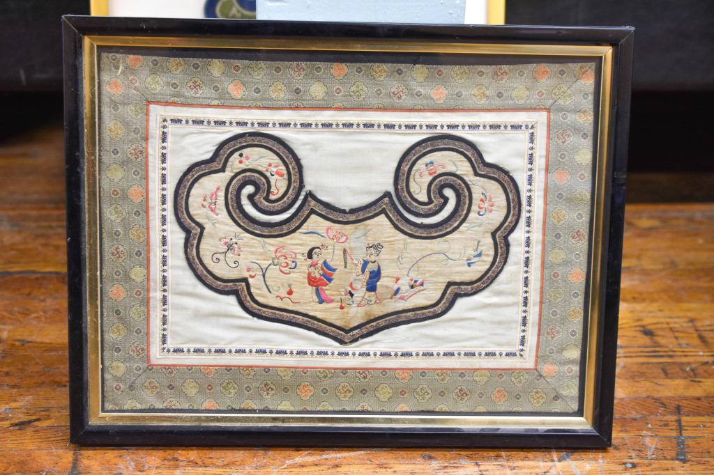 Chinese Silk Embroidered Bat Happiness Panel: Chinese silk embroidered happiness bat panel with figures. Black and gold frame. Size: 18 3/4" x 14 1/2".