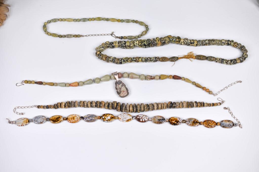 Granite, Agate, Jasper & Sterling Necklaces: Includes (5) graduated natural raw abalone shell heishi round disc bead necklace. Large graduated granite stone cylinder disc beads necklace. Graduated jasper stone sterling pendant necklace. Light gr