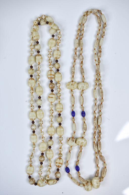 Antique Art Deco Max Neiger Scarab Bead Necklaces: Includes (2) Art Deco Max Neiger Egyptian Revival Scarab necklace and a Art Deco Max Neiger Elephant and Venetian bead necklace. Longest measures 43" in length. Both are attributed to Max Neiger. From