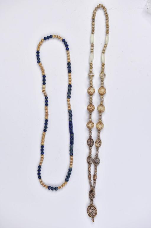 Antique Art Deco Max Neiger Beaded Necklaces: Includes (2) Art Deco Max Neiger pendant necklace. Max Neiger blue and cream bead necklace. Longest measures 28" in length. Both are attributed to Max Neiger. From a single owner collection. Estate wa