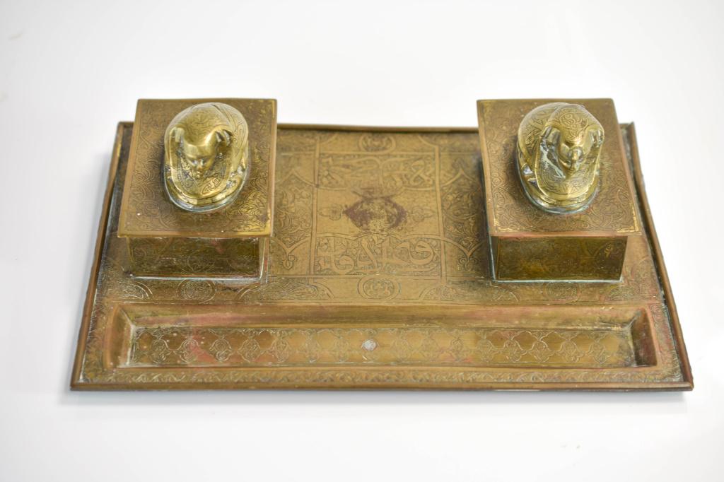 Antique Egyptian Revival Inkwell: Includes An Antique Egyptian Inkwell Circa Late 19th/early 20th Century. Has Islamic Writing In Design. Inkwell Is An Interesting Combination Of Scarab And Sphinx. Hinges Are In Good Condition, Overal