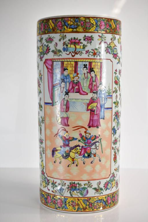 Chinese Rose Medallion Umbrella Stand: Includes An Antique Chinese Umbrella Stand. Depicting Oriental Jousting. It Is In Excellent Condition. Base Is Stamped Provenance: Estate Of A Private Collector. She Mainly Collected Chinese Porcelain