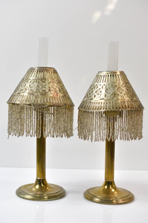 Sterling Junior Oil Lamps Newcomb College Style: Sterling Junior Pair Of Oil Lamps With Sterling Silver Lampshades With Beads. One Liner Can Be Removed. Appx. 10.5" TalEach shade weighs approx. 1.4 OZT