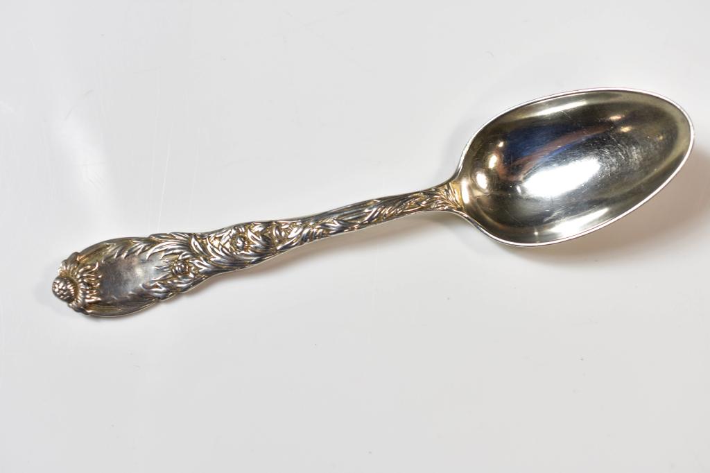 Tiffany & Co. Chrysanthemum Sterling Spoon: Includes A Tiffany & Co. Chrysanthemum Pattern Sterling Teaspoon Monogramed D.k. And Dated July 21, 1891. Teaspoon Is Marked "tiffany & Co. Sterling Pat. 1880 M," And Measures Approx. 6"l And Weighs A