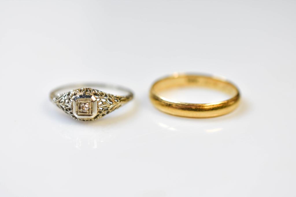 2 Gold Rings: 14k White Gold Filigree Engagement Setting With A Center Single Cut Diamond, Ring Size 7-1/2; And A 14k Yellow Gold Wedding Band, Ring Size 9. 2.9 Dwt Total.
