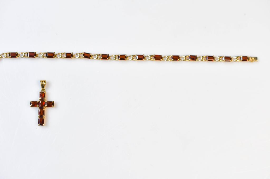 Garnet And Gold Bracelet And Pendant: 14k Yellow Gold 7.25" Garnet Tennis Bracelet And Cross Pendant With Garnets, 5.7 Dwt Total.
