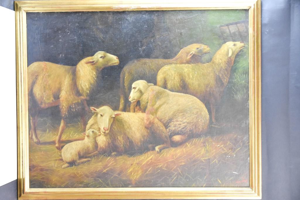 Levy, Ida, Sheep: Includes: Sheep By Ida Levy, Oil On Leather Measures Approximately: 43.5" X 36" (framed); 31.25" X 39" (viewable)