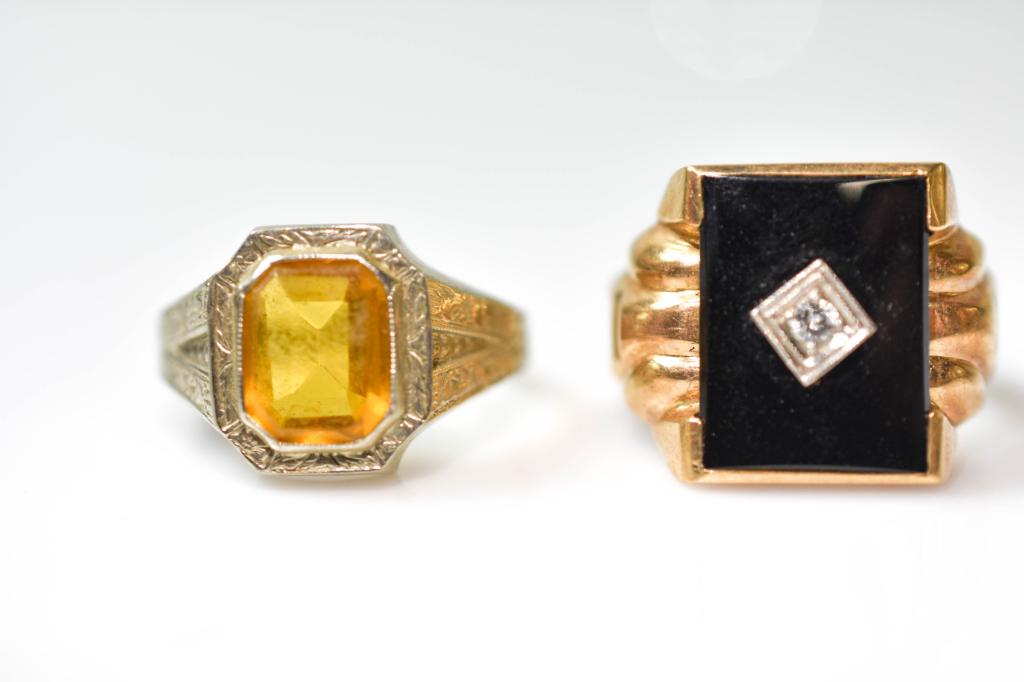 2 Gold Men's Rings: Including A 10k White Gold Ring With Citrine, Ring Size 10; And A Black Onyx Centered With A Diamond Accent, Ring Size 10. 8.8 Dwt Total.