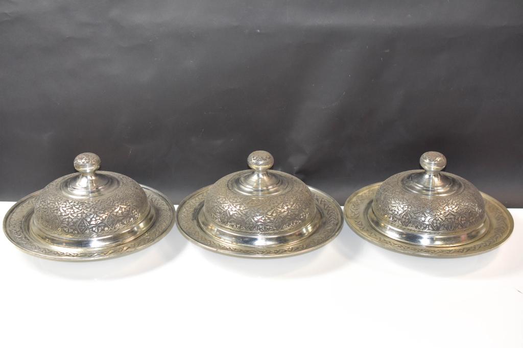 Turkish Ottoman Silver Coppered Servers: Late 19th/early 20th Century Tinned Copper Covered Serving Dishes With Traditional Chased Geometric Designs. Measures Approximately: 12" Diameter