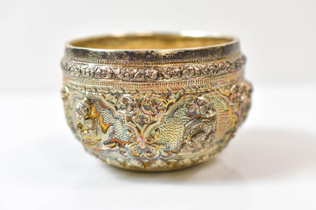 Burmese 800 SIlver Bowl With Five Figures: Includes A repose Silver Anglo-indian Bowl With Five Figures, Each Featuring A Different Pose. Measures Approx. 3.25"w (including Figures) By 2"h And Weighs Approx. 3 Ozt. Unmarked But Tests For 800 S