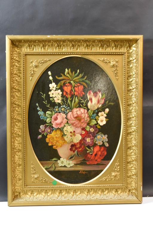Oil On Board Floral Still Life By A. Hoffman: Measures Approx. 14.5" X 20"