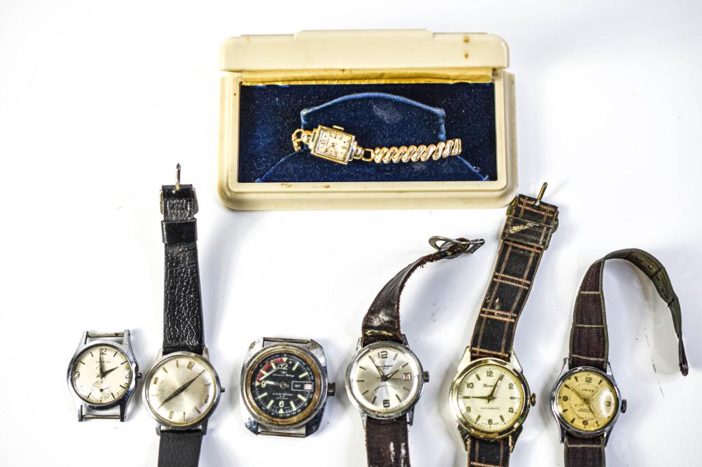 Vintage Watch Grouping: Vintage Watch Grouping Including: (7) Antique And Vintage Watches: (1) Croton Watch (1) Hamilton (1) Pierre Jaquard (1) American Heritage (1) Pride (1) Harvester Watch (1) Unknown Working Condition Un