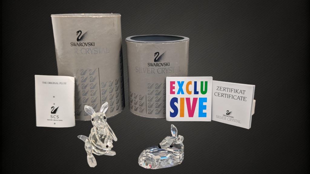 Swarovski Kangaroo, Fawn: Item #1 (left) Swarovski Mother Kangaroo with baby Joey No original box. No chips. No cracks. Item #2 (right) Swarovski Roe Deer Fawn Original box. No chips. No cracks. ART 7608 NR 000 001