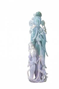 A LARGE JADEITE FIGURE OF GUAN YIN, MID-QING DYNASTY