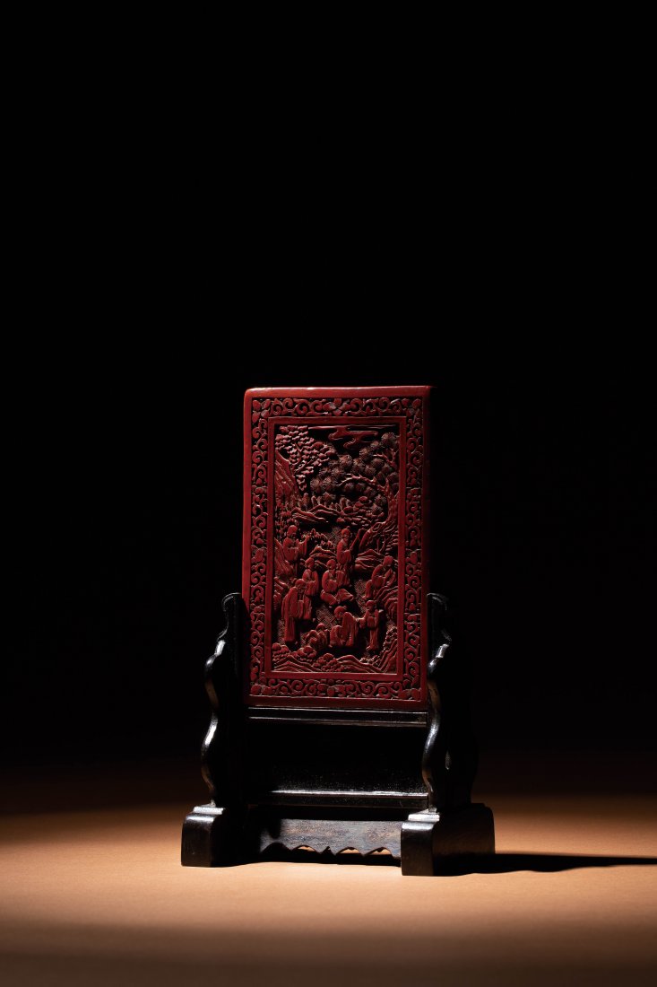 A RED LACQUER SEVEN SAGES  TABLE SCREEN, QING DYNASTY (1 of 2)