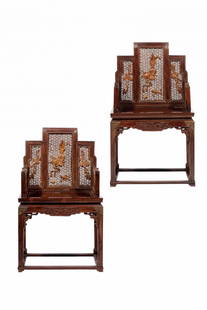 BOXWOOD-INLAID HARDWOOD ARMCHAIRS, 18TH CENTURY: 十八世紀 紅酸木鑲黃楊木五屏式椅一對A PAIR OF BOXWOOD-INLAID HARDWOOD ARMCHAIRS, 18TH