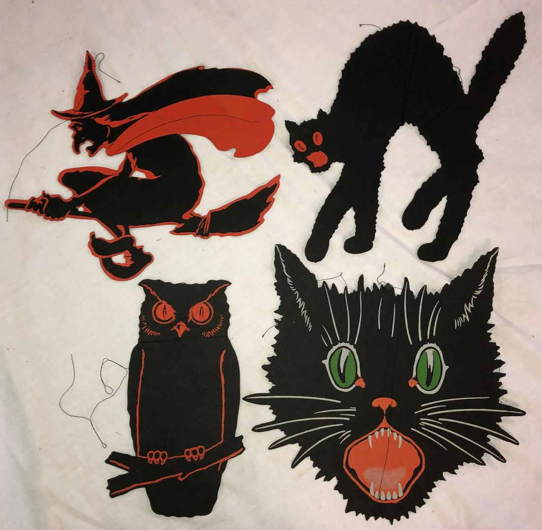 HALLOWEEN DIE CUTS: LOT 4 1930'S HALLOWEEN DIE CUTS - WITCH ON BROOM, BLACK CAT FACE, BLACK CAT, OWL - ALL SIGNED 'DENNISON, U.S.A.'