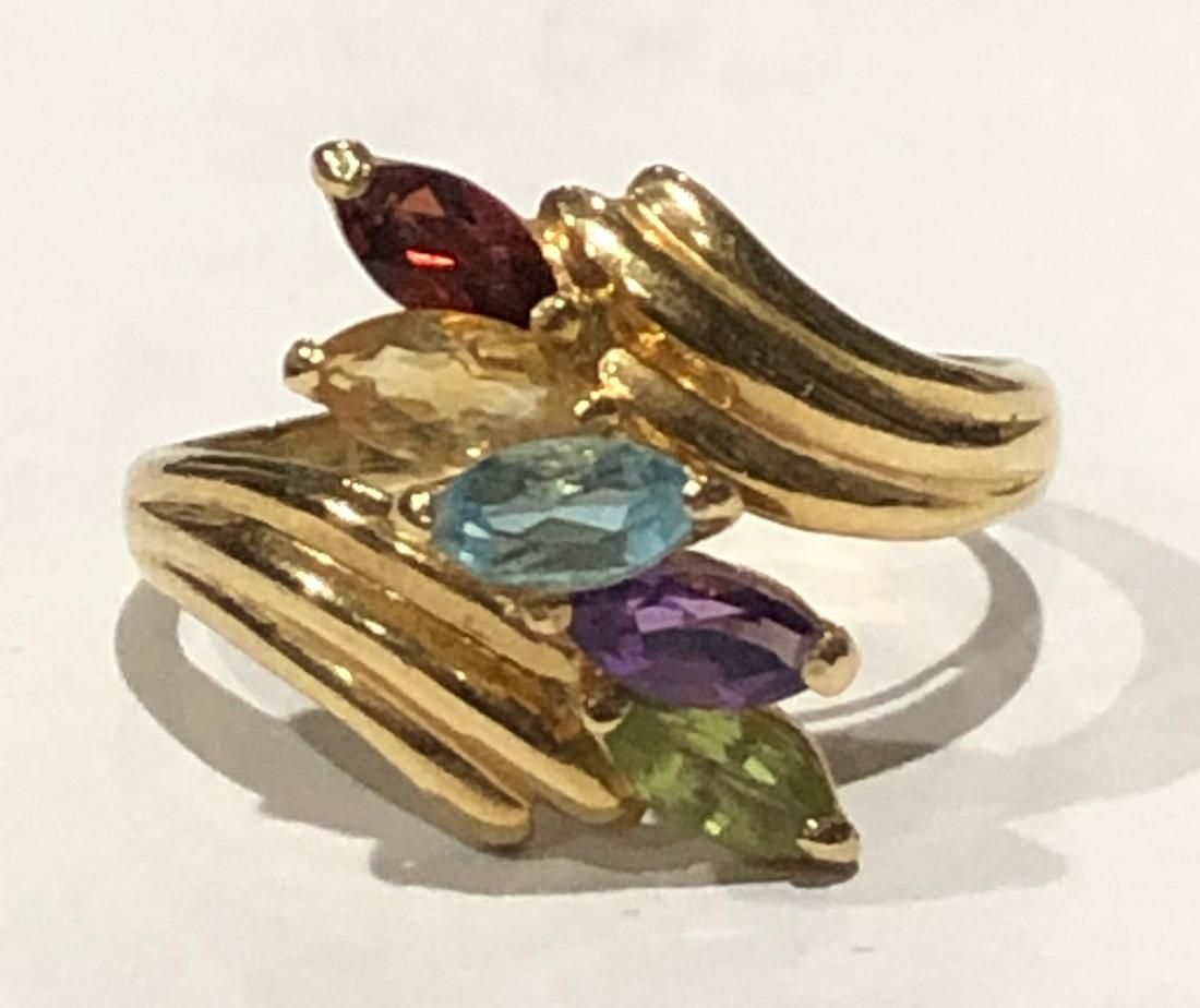 14K GOLD MULTI-COLOR STONE RING: 14K (585) YELLOW GOLD RING WITH 5 STONESâ€¦AMETHYST, GARNET, PERIDOT, ETC. - 3.15 GRAMS INCLUSIVE OF ALL MATERIALS