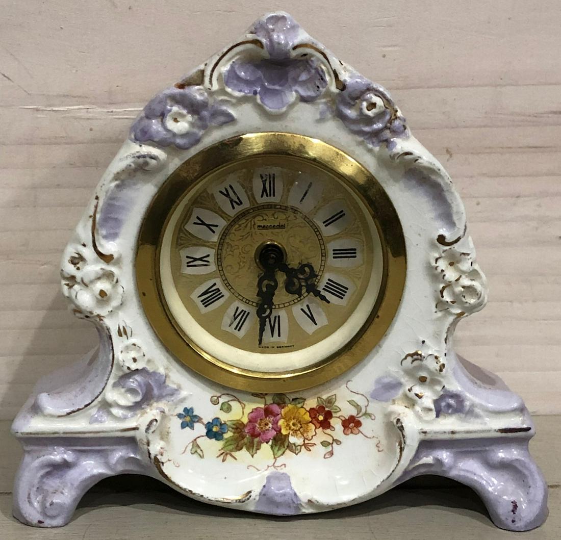 MINIATURE GERMAN PORCELAIN SHELF CLOCK: MINIATURE GERMAN PORCELAIN SHELF CLOCK - HAND PAINTED FLORAL DECORATION - WORKING ORDER