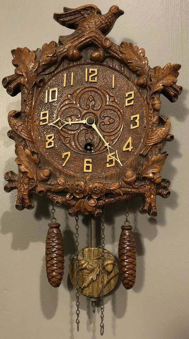 VINTAGE CUCKOO CLOCK W/ BIRD TOP: CUCKOO CLOCK W/ BIRD TOP, PINE CONE WEIGHTS, ACORN / OAK TREE PENDULUM