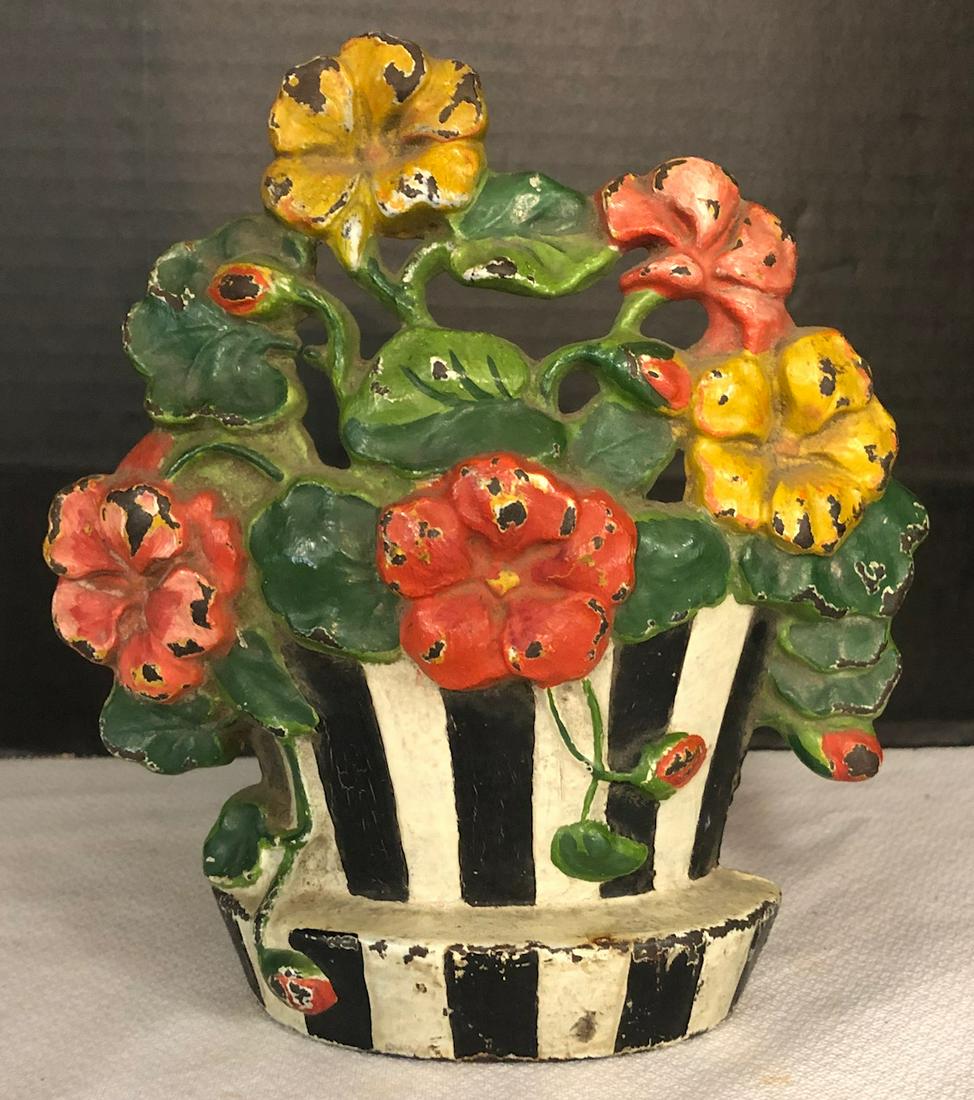 ANTIQUE CAST IRON NASTURTIUMS FLORAL DOORSTOP: ANTIQUE CAST IRON "NASTURTIUMS" POT OF FLOWERS DOORSTOP IN ORIGINAL PAINT