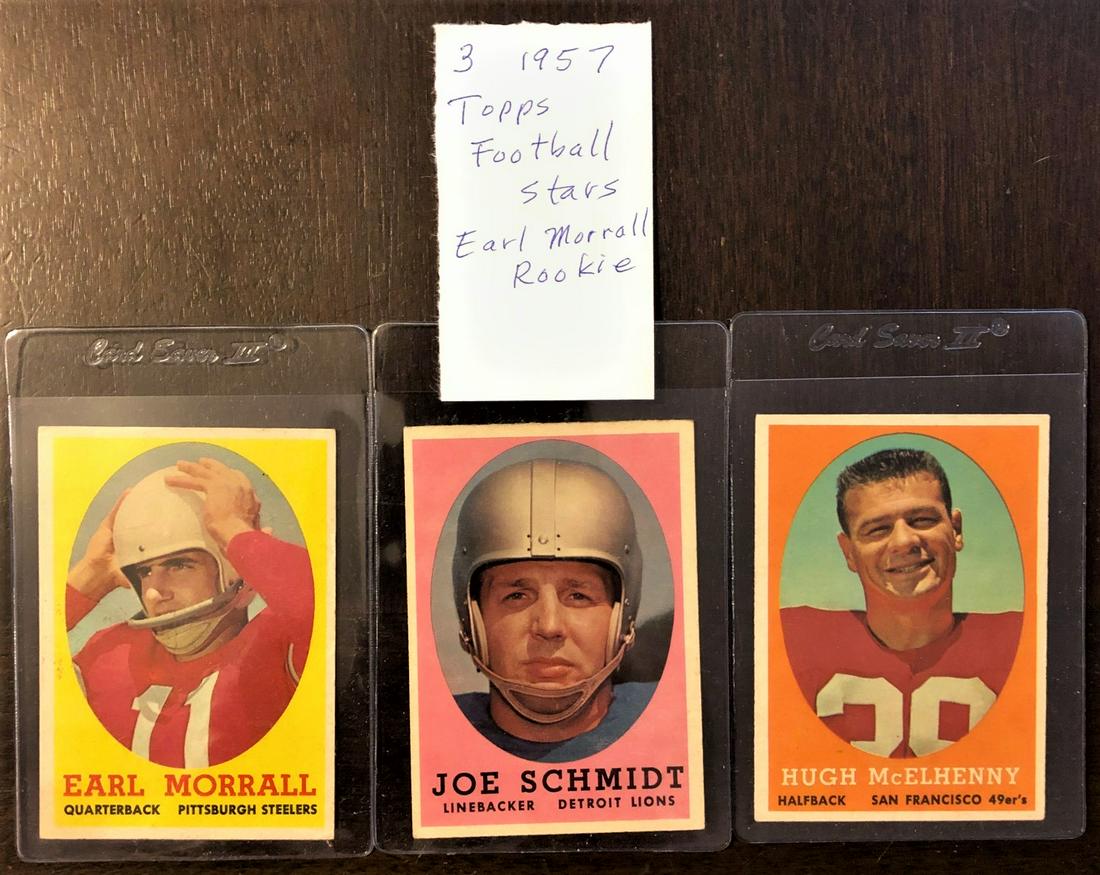 LOT 3 1957 TOPPS FOOTBALL CARDS: LOT 3 1957 TOPPS FOOTBALL STAR CARDS INCLUDING EARL MORRALL ROOKIE