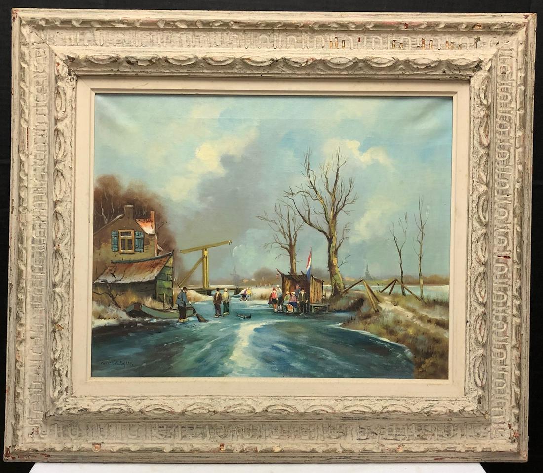 OIL ON CANVAS LANDSCAPE PAINTING BY CHRISTIAN BARON: OIL ON CANVAS FRENCH LANDSCAPE PAINTING - ICE SKATING ETC. - ARTIST SIGNED 'CHRISTIAN BARON' - CARVED AND PAINTED WOODEN FRAME